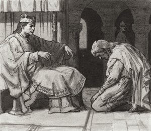 Walteof, jarl av Northumbria inför kung Vilhelm I (gouache på papper) av Ralph Bruce