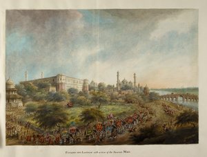 Lord Hastings sällskap kommer in i staden Lucknow på elefantrygg, ca 1814-15 (akvarell på papper)