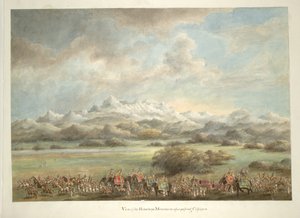 Lord och Lady Hastings, på elefanter, passerar framför Himalaya nar Kashipur