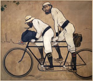 Ramon Casa och Pere Romeu på en tandem. Målning av Ramon Casas (1866-1932), Olja på duk