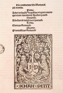 Sida i kodexen "De Laudibus Beatissimae Virginis Mariae" av Ramon Llull (1235-1315), föreställande två lejon som håller tryckaren Jehan Petits vapensköld. av Ramon Llull