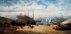 Barceloneta (centrala distriktet i Barcelona). Målning av Ramon MARTI i ALSINA (1826-1894)