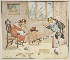 En illustration från "En groda som han skulle A-Wooing gå", pub. av Frederick Warne und Co. av Randolph Caldecott