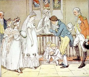 "Och hon gifte sig mycket oförsiktigt med barberaren" från "The Great Panjandrum", utgiven av Frederick Warne & Co. (färgat gravyr) av Randolph Caldecott