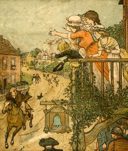 John Gilpin galopperar förbi Bell Inn när hans fru och barn vinkar från balkongen, 1878, c1918. av Randolph Caldecott