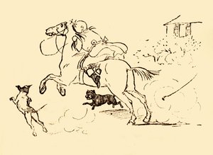 John Gilpin jagas av hundar när hans häst galopperar utom kontroll, 1878, c1918. av Randolph Caldecott