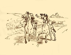 John Gilpin hittas av postpojken från Bell Inn, 1878, c1918. av Randolph Caldecott