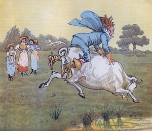Ingen frågade dig, sir, sa hon. Illustration av Randolph Caldecott för Nursery Rhyme 