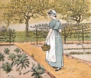 "Hon gick in i trädgården för att skära ett kålblad för att göra en äppelpaj", illustration från "The Great Panjandrum Himself" (färgad gravyr) av Randolph Caldecott