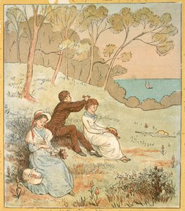 Två kvinnor och en man sitter i en glänta nära kusten. av Randolph Caldecott