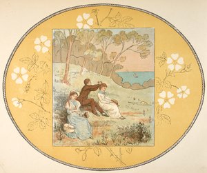 Två kvinnor och en man sitter i en glänta nära kusten. Blommig kant. av Randolph Caldecott