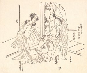 Scen ur ett drama: Matsumoto Koshiro I och två andra skådespelare. av Ranshu