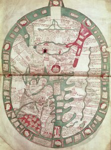 Roy.Ms.14 C. f.1 1v-2r Karta över världen med Jerusalem som centrum, Polychronicon, c.1380 (vellum) av Ranulf Higden
