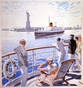 Transport. Marin. Ankomst av det transatlantiska Le Normandie i New Yorks hamn. Illustration av Raoul du Gardier