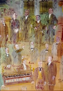 La Fee Electricite, detalj: Porträtt av olika intellektuella och vetenskapsmän: Jules Francois Joubert, Elihu Thomson, Ernst Werner Siemens, Charles Proteus Steinmetz, Marcel Deprez, Gaston Plante, Gabriel Lippmann, John Kerr, Maurice Leblanc, Humphrey Da av Raoul Dufy