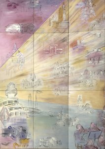 La Fee Electricite, detalj av den vänstra sidan som föreställer olika städer av Raoul Dufy