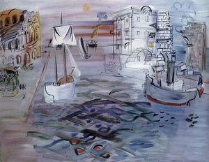 Hamn med segelbåt, hyllning till Claude Lorrain, ca 1935 (olja på duk) av Raoul Dufy