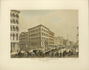 Corner of Lake and La Salle Streets, Chicago, Marine Bank Building år 1864