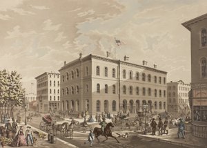 N.W. Corner of Dearborn and Monroe Streets, Chicago, visar postkontorsbyggnaden år 1865