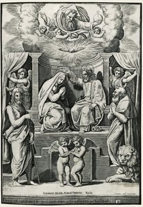 Jungfruns kröning i närvaro av Johannes Döparen och Sankt Hieronymus av Raphael (1483 1520) (after)