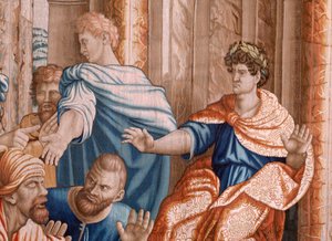 flamländsk gobeläng. Serie Apostlagärningarna. Elymas slog blind (La ceguera de Elymas). Sjunde gobelängen i serien. Modell tecknad av Rafael Sanzio. 1519. Tillverkning Jan Raes II, Bryssel. Ca 1605-1629. Tyg Siden och ull. Storlek 534 x 783 cm. Locat av Raphael
