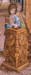 flamländsk gobeläng. Serien Apostlagärningarna. Saint Paul och Saint Barnabas i Lystra (San Pablo y San Bernabé en Lystra). 8:e duken i serien, den delades i två för att anpassa den till rummet. Modell tecknad av Rafael Sanzio. 1519. Tillverkning Jan Raes av Raphael