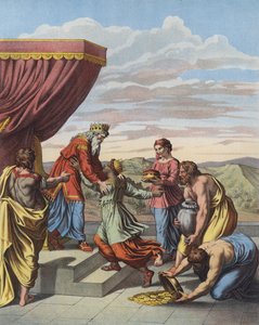 Kung Salomo tar emot drottningen av Saba (färg litho) av after Raphael