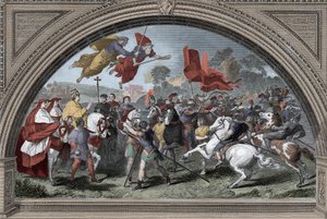 Representation av påven Leon I sa den store (390-461) mot ledaren för hunnerna Attila (ca 395-453) år 452 i Mantua - barbariska invasioner - (Påven Leo I det stora mötet med hunkungen Attila år 452) (efter Raphael)