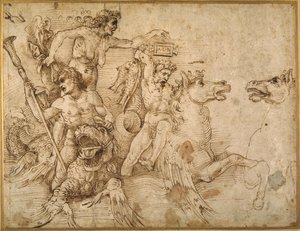 Battle of the Tritons, efter Andrea Mantegna (penna & brunt bläck på vitt papper) av Raphael