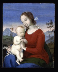 Madonna och barn med en fågel (olja på trä)