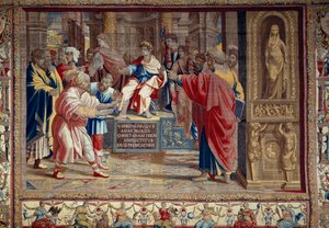 Aposteln Petrus och Paulus liv: "" straffet för Barjesu (Elymas) judisk magiker som motsatte sig Paulus och var tillfälligt blind""" Scenen utspelar sig framför den romerske prokonsuln Lucius Sergius Paulus och Saint Barnaba. Du kan se inskriptionen i av after Raphael