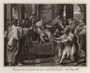 Raphael tecknad: Elymas the Sorcerer Struck with Blindness, Acts, Kap XIII (gravyr) av after Raphael