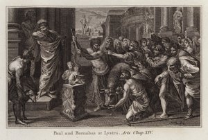 Raphael tecknad: Paulus och Barnabas i Lystra, Apostlagärningarna, Kap XIV (gravyr) av after Raphael