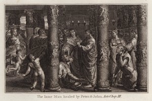 Raphael tecknad: Den lame mannen helad av Peter och Johannes, Apostlagärningarna, kapitel III (gravyr) av after Raphael