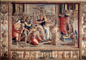 Offret i Lystra - apostlarna Petrus och Paulus liv: Den helige Paulus förkastar gudomlig ära, efter att ha bekämpat en invalid, tar invånarna honom för en gud och vill göra uppoffringar - Tapestry d