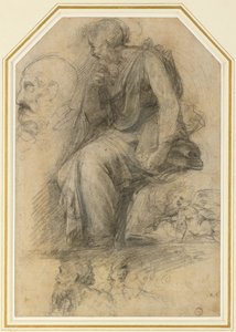 Ett manligt helgon, sittande (St Paul): Study for the Disputa, WA1846.189 (kol med vit höjning) av Raphael