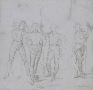 Grupp om fyra stående soldater (silverpoint på en blågrå preparat på benvitt papper) av Raphael
