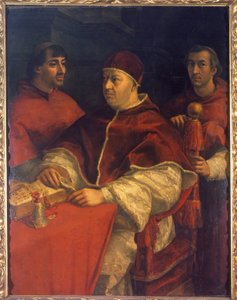 Porträtt av påven Leo X (1475-1521), son till Laurent de Medici (1449 - 1492) (Laurent den storartade: Lorenzo den storartade) omgiven av kardinalerna Luigi de 