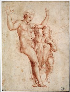 Psyche presenterar för Venus Styxens vatten. Ritning a la sanguine av Raffaello Sanzio dit Raphael (1483-1520)