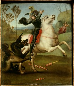 Saint George kämpar med draken Raphael (1483-1520/italiensk) Olja på träpanel - "" Saint Georges kämpar med draken""" Målning av Raffaello Sanzio (Raphael) (1483-1520) 1505 Sön. 0,29x0,25 m av Raphael