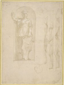 Studier för en figur av Minerva och andra statyer (silverspets med vit förhöjning på papper) av Raphael