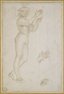 Studie av en ung man som gör musik (silverspets, förhöjd med kroppsfärg, på ett blekt stengrå preparat) av Raphael