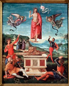 Uppståndelsen (The resurrection of christ) Jesus Kristus har ett käppkors i slutet av vilket en vit flagga (standard) svävar med ett rött kors - Målning av Raffaello Sanzio dit Raphael (1483-1520) 1501-1502 Dim 52x44 cm Sao Paulo, Museu de Arte av Raphael
