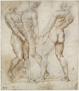 Tre nakenbärare (studie för Kristi gravläggning), WA1846.173 (penna & brunt bläck över svart krita, med röd krita över geometriska indikationer) av Raphael