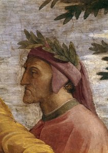 Tvist. Detalj: Dante Alighieri Fresco i Stanza della Segnatura, ca 1510-1511. av Raphael