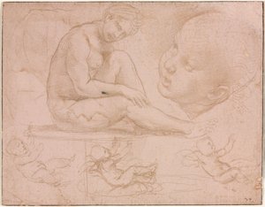 Studier av en sittande kvinna, barns huvud och tre studier av en baby av Raphael