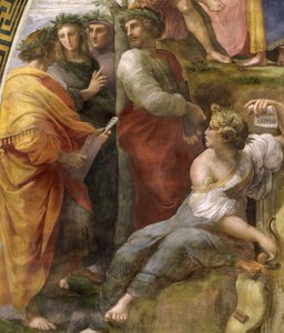 Parnass. Detalj. Fresk i Stanza della Segnatura, ca 1510-1511. av Raphael