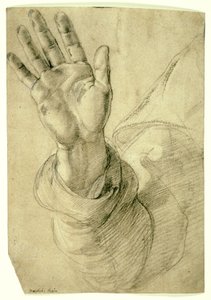 Upphöjd höger hand, med handflatan vänd utåt: Study for Saint Peter, 1518-20 av Raphael
