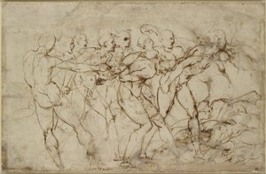 En strid av nakna krigare med fångar, WA1846.179 (penna och brunt bläck över svart krita) av Raffaello Sanzio Raphael