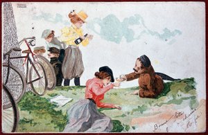 Country Party: Picknick och cykling - illustration av R. Kirchner, v.1900